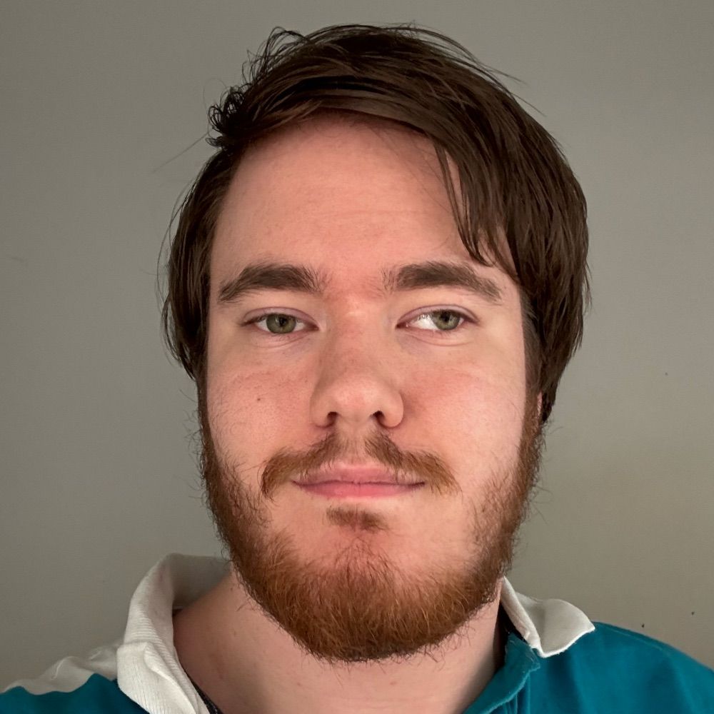 A young man with fair skin and a reddish-brown beard. He has short, slightly messy dark brown hair that is swept to the side. His eyes are light-coloured, possibly hazel or green, and he has a neutral expression on his face. The background is a plain, light-coloured wall, and he is wearing a teal and white collared shirt.